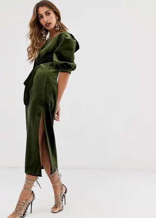 Бархатное платье миди с асимметричными рукавами ASOS EDITION-Зеленый