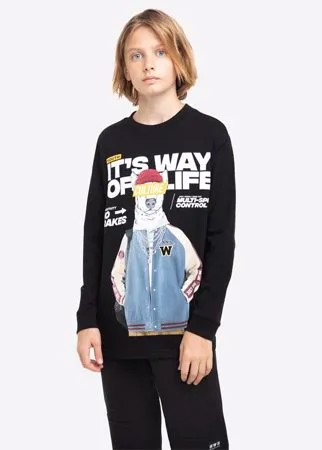Чёрный лонгслив oversize с принтом Culture для мальчика Gloria Jeans