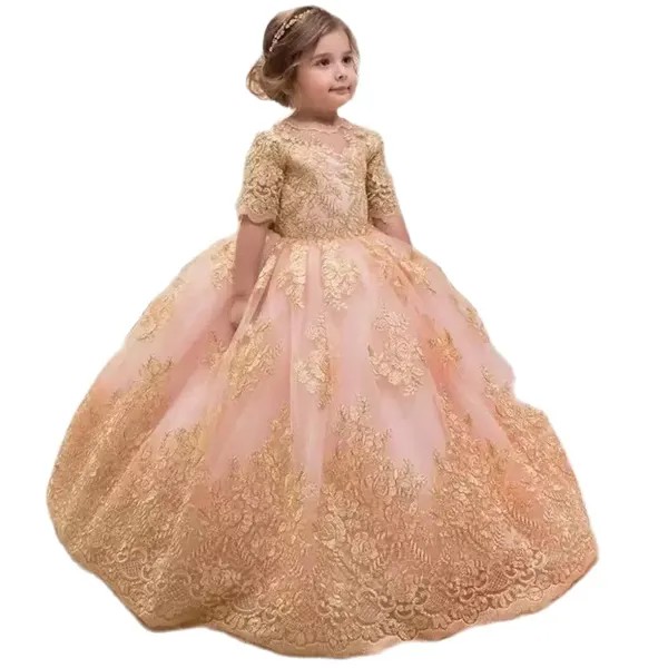 Золотое бальное платье Glitz, платья принцессы для маленьких девочек, нарядные платья, фуксия, маленькие камуфляжные платья с цветами для девочек на свадьбу с большим бантом