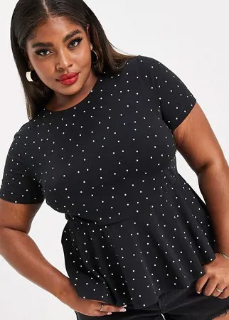 Приталенная блузка с баской и короткими рукавами в белый горошек ASOS DESIGN Curve-Черный цвет