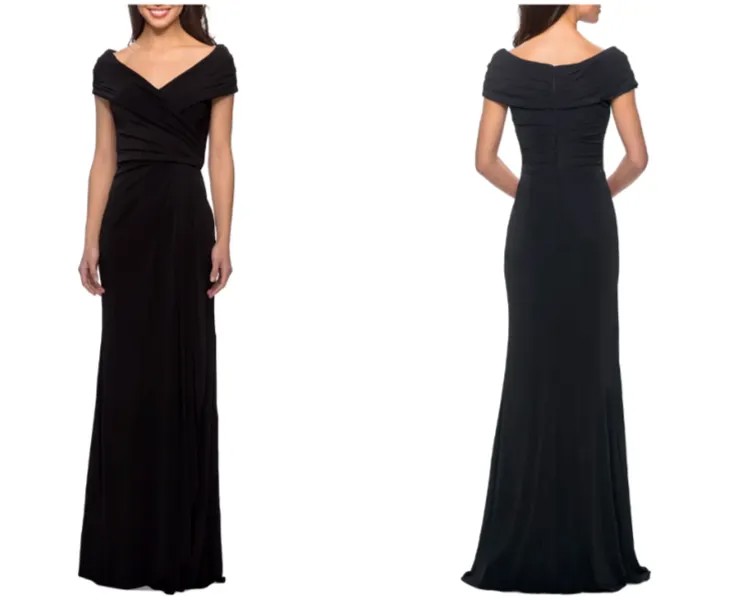 LA FEMME Черное платье из эластичного трикотажа с v-образным вырезом и рюшами и портретным воротником 10