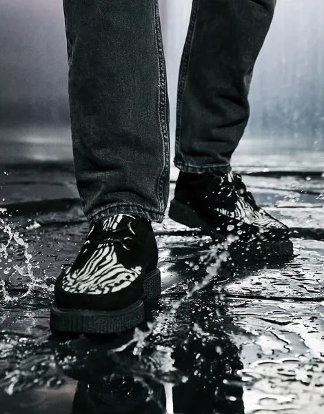 Черные замшевые ботинки со шнуровкой и деталью с зебровым принтом ASOS DESIGN Creeper-Черный