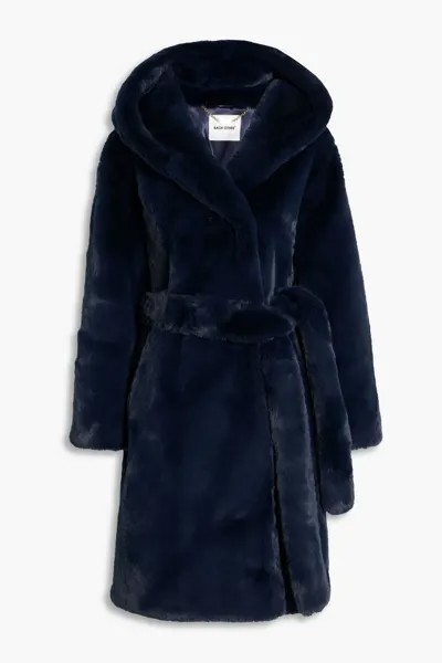 Пальто с капюшоном из искусственного меха и поясом Each X Other, темно-синий