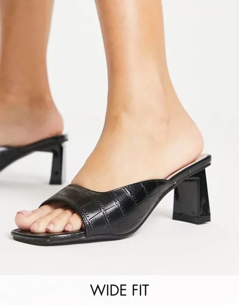 Туфли-мюли Mabelle Raid Wide Fit черного крокодила с квадратным носком и средним каблуком, широкая посадка