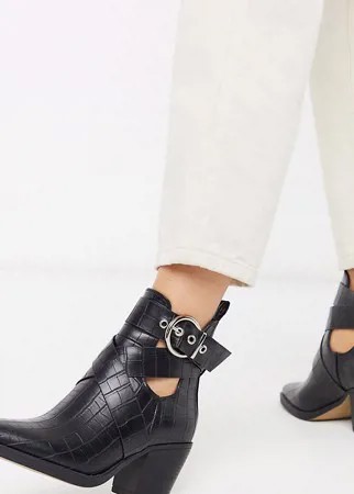 Черные ковбойские ботинки на каблуке с крокодиловым рисунком для широкой стопы Truffle Collection-Черный цвет