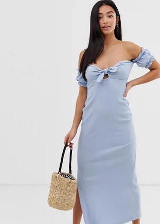 Жатый сарафан макси с открытыми плечами и пышными рукавами ASOS DESIGN Petite-Синий