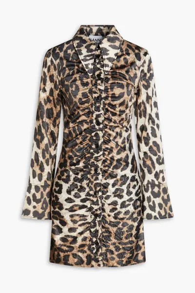 Атласное платье-рубашка мини со сборками и леопардовым принтом Ganni, цвет Animal print