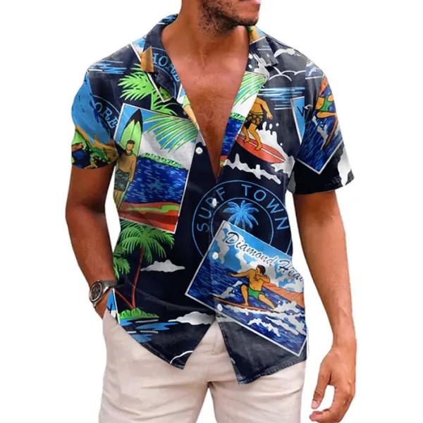 Мужская гавайская рубашка с коротким рукавом и принтом открытки
