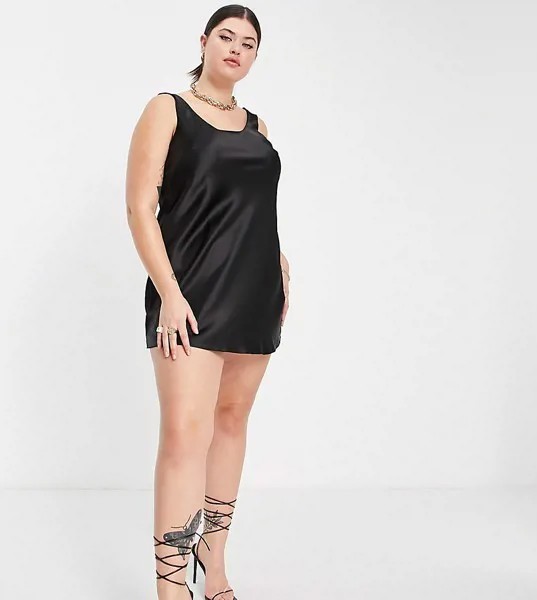 Черное атласное платье-комбинация мини с глубоким вырезом ASOS DESIGN Curve-Черный цвет