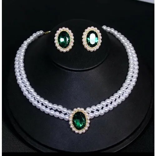 Комплект бижутерии ROYAL JASMINE: колье, серьги, циркон, жемчуг имитация, размер колье/цепочки 40 см, белый