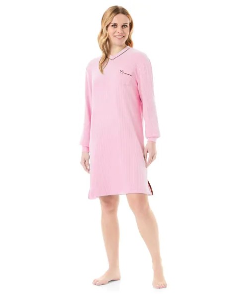 Однотонная ночная рубашка в рубчик с V-образным вырезом и длинными рукавами Lohe, розовый