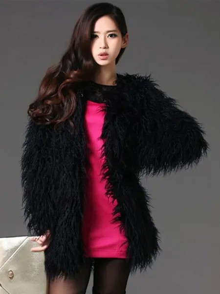 Milanoo Fluffy Black Coat Faux Fur Long Sleeve Women's Winter Coat