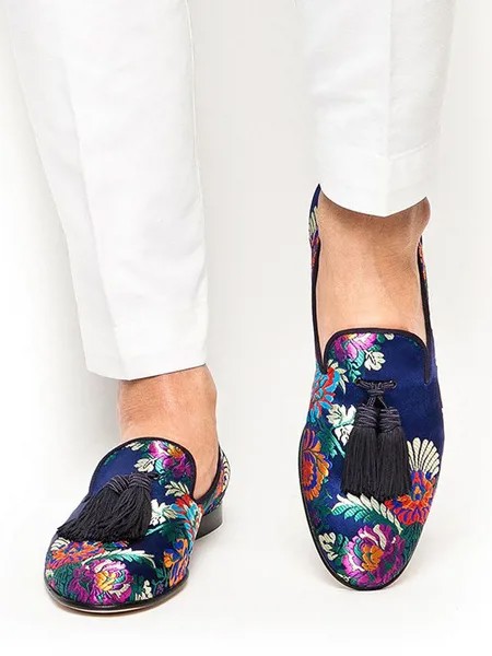 Milanoo Men's Blue Satin Floral Embroidered Loafers with Tassel