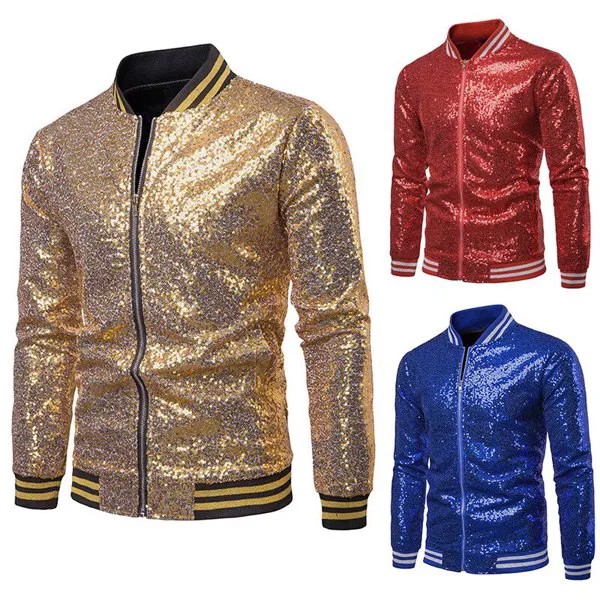 Блестящая золотая блестящая куртка с блестками для мужчин, красивая уличная одежда в стиле хип-хоп, бейсбольные куртки, мужские пальто для н...