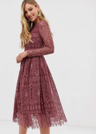 Кружевное платье миди с длинными рукавами ASOS DESIGN-Фиолетовый