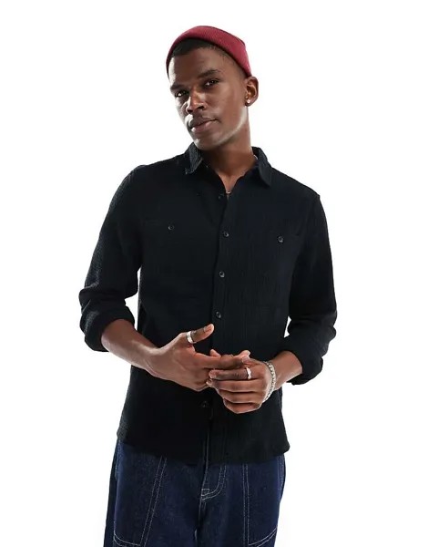 Черная рубашка с вафельной текстурой ASOS DESIGN