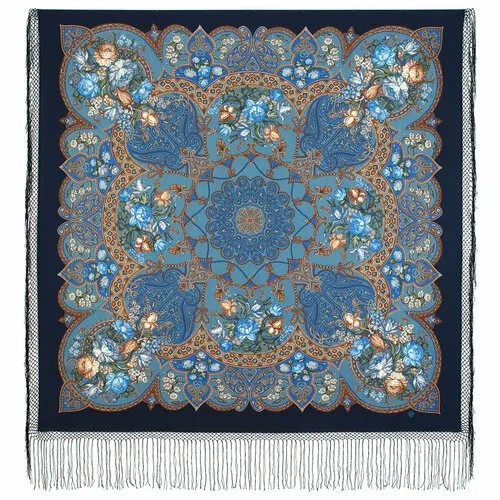 Платок Павловопосадская платочная мануфактура,148х148 см, голубой, коричневый