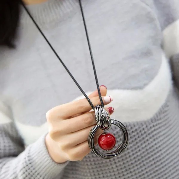 Ожерелье украшения длинная цепочка круг круг красный жемчужный свитер популярное ожерелье свитер цепочка кулон