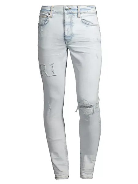Рваные джинсы с кристаллическим логотипом Amiri, цвет bleached indigo