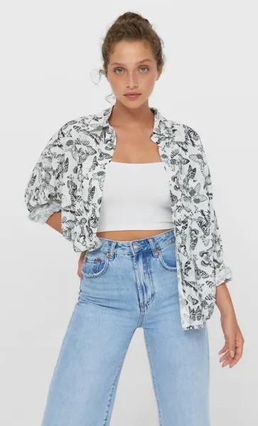 Stradivarius Рубашка Свободного Кроя С Карманом Цвет Небеленого Полотна Xl