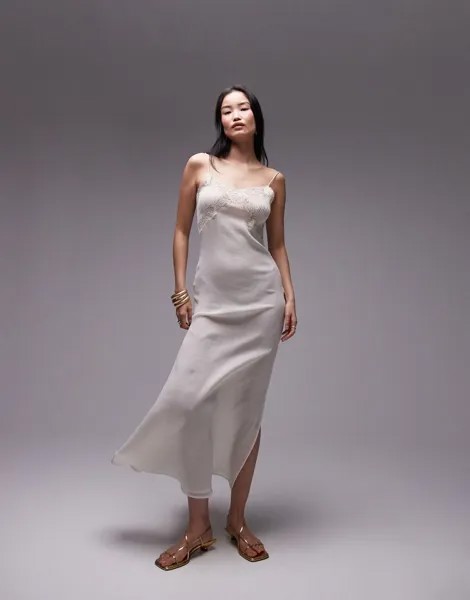 Платье-комбинация миди цвета слоновой кости с кружевными вставками Topshop Vintage