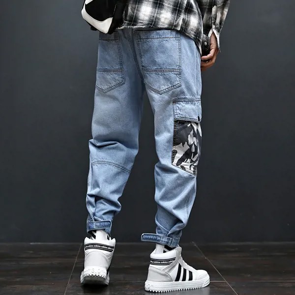 Джинсы-карго Prowow мужские с карманами, модные уличные штаны из денима, комбинированные Джоггеры в стиле хип-хоп, синие камуфляжные