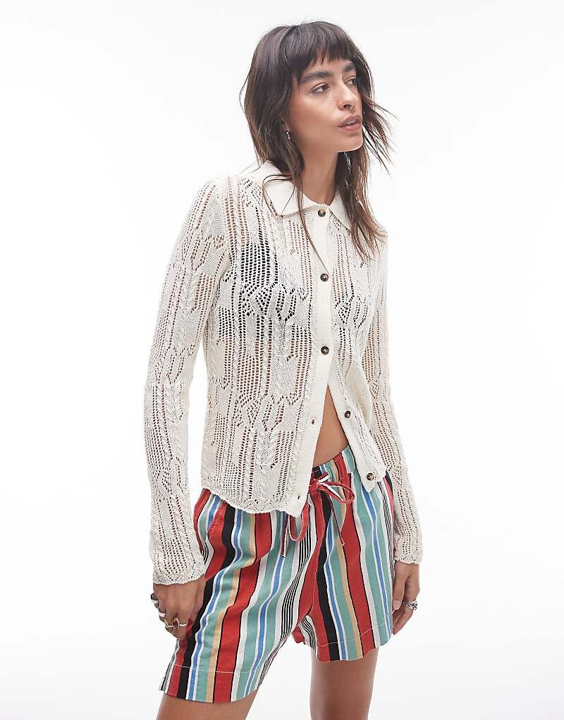 Topshop = трикотажная рубашка с длинными рукавами кремово-белого цвета = с сетчатой ​​структурой