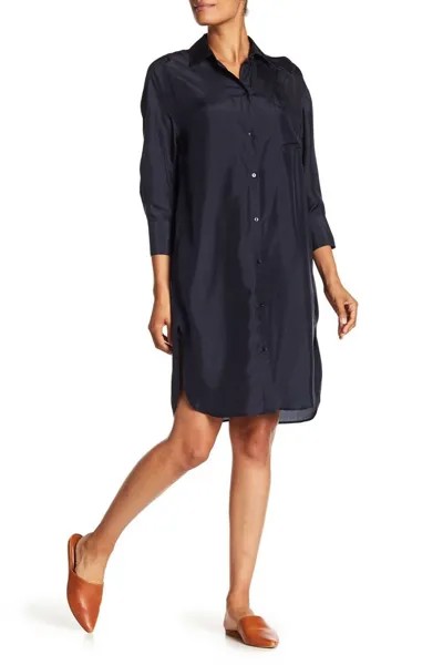 VINCE Прибрежное темно-синее шелковое платье-рубашка на пуговицах с боковым разрезом XS 0/2