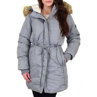 Женское пуховое пальто средней длины Jessica Simpson с отделкой из искусственного меха серого цвета, размер S