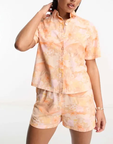 Оранжевая курортная рубашка в льняном стиле Miss Selfridge с тропическим цветочным принтом