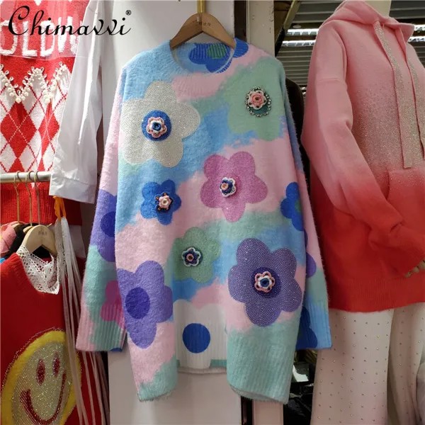 Стразы цветочный Повседневный свитер женский новый зимний универсальный джемпер с длинным рукавом женские корейские пуловеры с круглым вы...