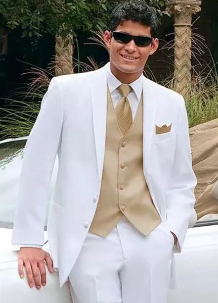Белые свадебные костюмы для мужчин, Золотая жилетка, пиджак + брюки + галстук + жилет, мужские смокинги, свадебные смокинги, индивидуальный по...