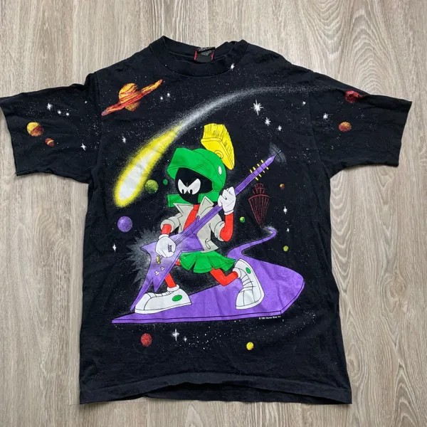 Marvin The Martian Looney Tunes Guitar 1991 Vintage Graphic Black T-Shirt Mens L