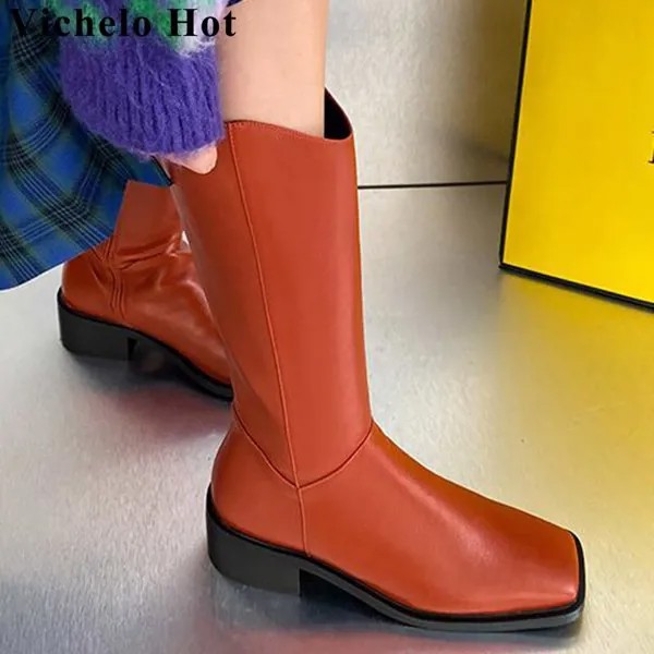 Популярные Красные корейские ботинки Vichelo, удобные зимние ботинки из коровьей спилковой кожи с квадратным носком на толстом среднем каблук...