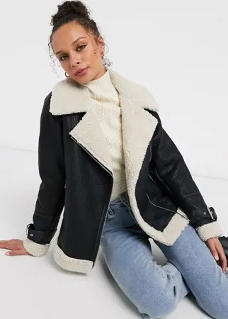 Черная контрастная куртка авиатор с подкладкой из искусственного меха New Look-Черный