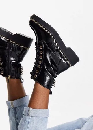 Черные лакированные ботинки на шнуровке и толстой подошве River Island-Черный цвет