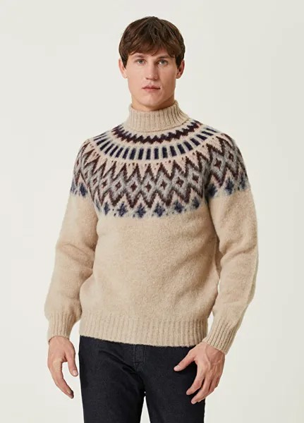 Шерстяной свитер с водолазкой цвета экрю и геометрическим узором Howlin