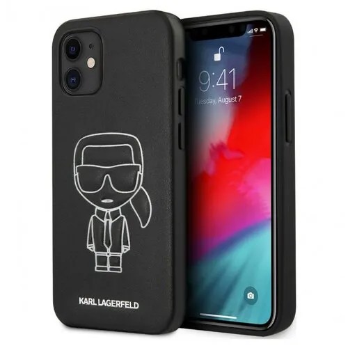 Чехол LAGERFELD для iPhone 12 mini, Ikonik outlines Metal logo черный-белый