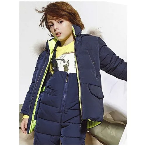 Куртка Noble People, укороченная, капюшон, карманы, ветрозащита, отделка мехом, размер 110, синий