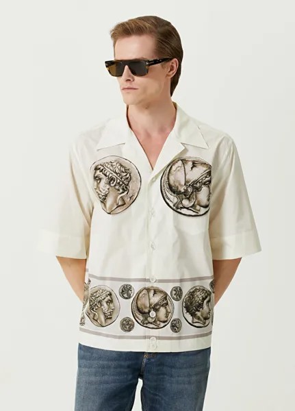 Рубашка с принтом экрю-коричневого цвета с лагерным воротником Dolce&Gabbana