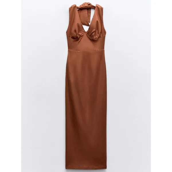 Платье Zara Linen-Blend Corsetry-Inspired Midi, терракотовый