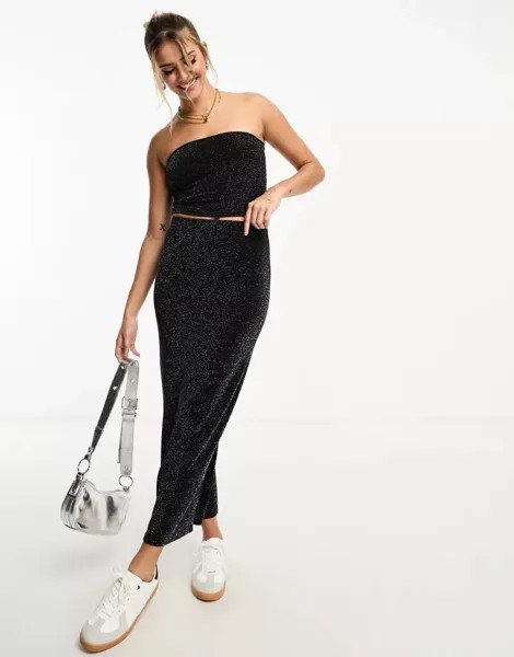 Pull&Bear – блестящая, приятная юбка макси черного цвета, комбинированная модель