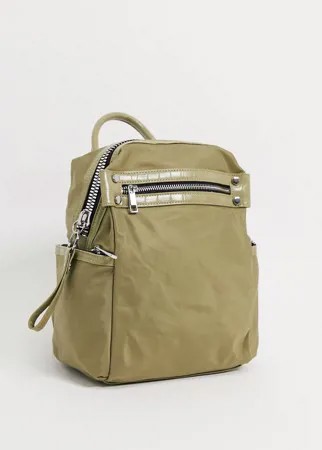 Нейлоновый рюкзак цвета хаки с крупной молнией и вставками под крокодиловую кожу ASOS DESIGN-Зеленый