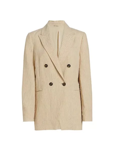 Полосатый льняной двубортный пиджак Brunello Cucinelli, цвет tapioca white