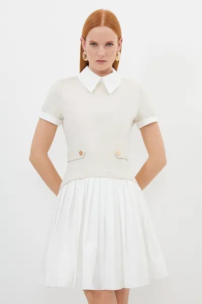 Плиссированное мини-платье из джерси и хлопкового поплина Karen Millen, бежевый