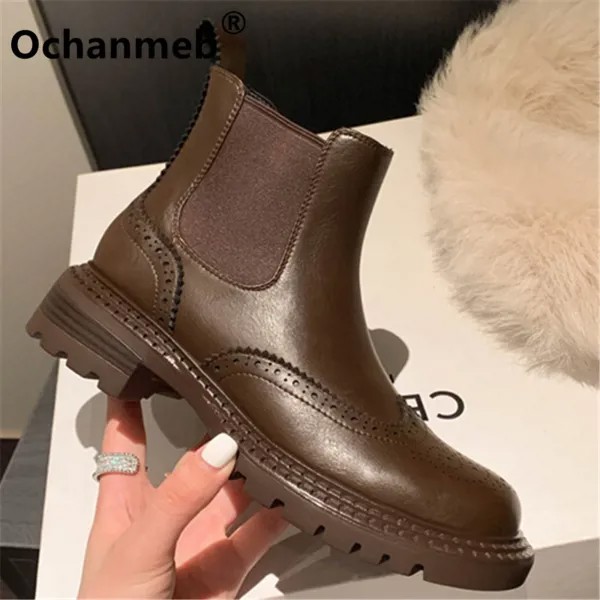 Женские ботинки челси Ochanmeb из натуральной кожи, ретро броги, резная английская обувь до щиколотки, обувь на платформе на среднем массивном каблуке, Осень-зима