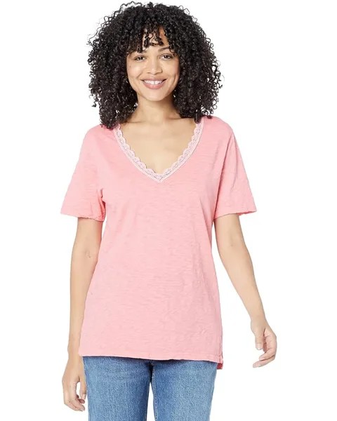 Футболка Michael Stars Arina Lace Mix V-Neck Supima Cotton Slub, розовый