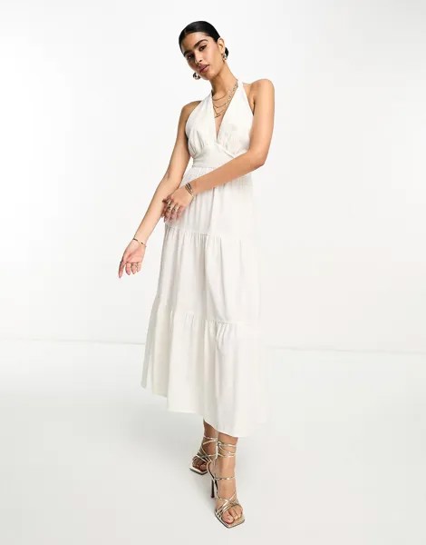 Белое хлопковое платье мидакси с вырезом халтер Pretty Lavish
