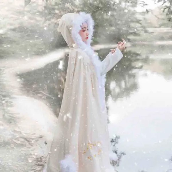 Женская накидка Hanfu, традиционная китайская зимняя теплая плотная розово-бежевая накидка с капюшоном Hanfu, Женский Рождественский костюм для...
