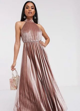 Бархатное плиссированное платье-халтер ASOS DESIGN Petite-Neutral